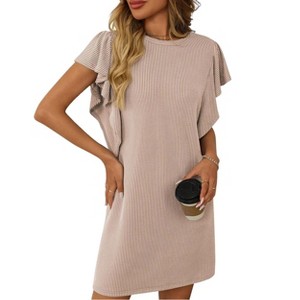 Women's Casual Solid Color Short Sleeve Crew Neck Dress Mid Thigh Length  Everyday Outfit Tunic Dresses,Apricot,XL : Target