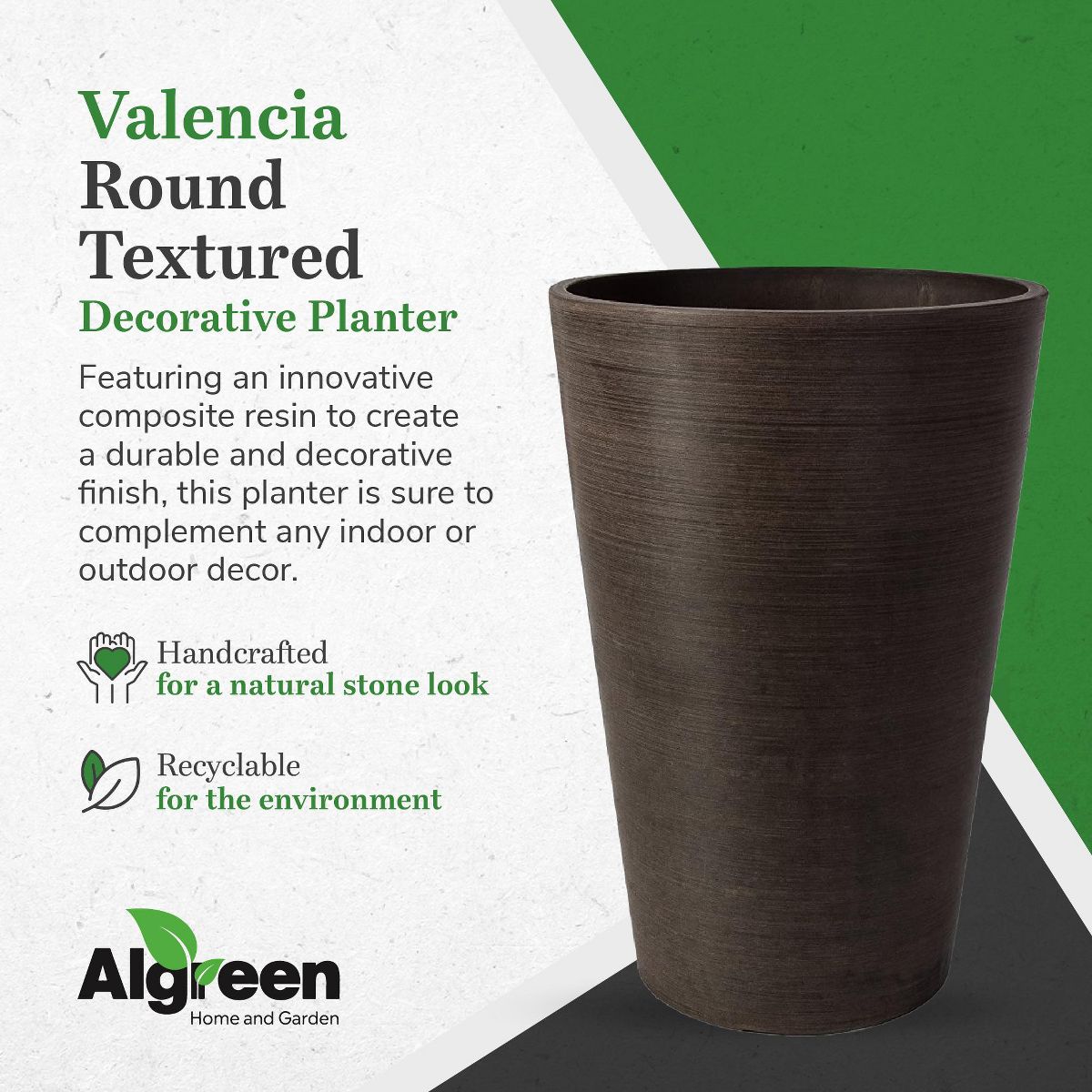 Algreen 16130 Valencia 12 x 18 Inch Round Taper Recycled Planter Pot, Chocolate - thumbnail 4