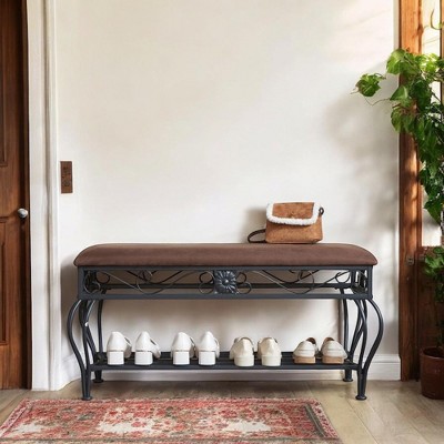Alilang 39.37 inches Upholstered Metal Bench with Decorative Scrollwork and Lower Shelf-Antique Brown
