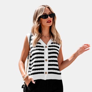 Women's Black & White Stripe V-Neck Button-Up Vest - Cupshe - 1 of 4