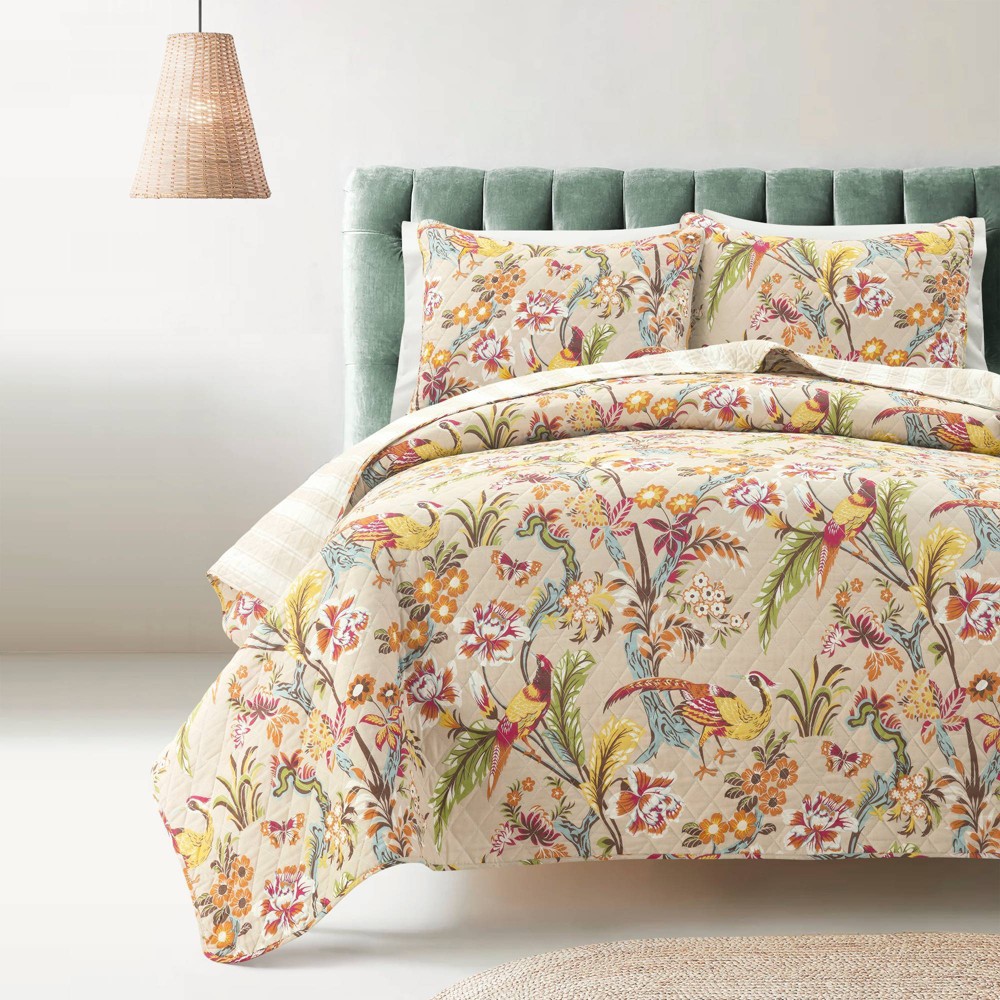 Lush Décor 3pc Full/Queen Dolores Reversible Quilt Set Neutral: OEKO-TEX Certified, Botanical Pattern