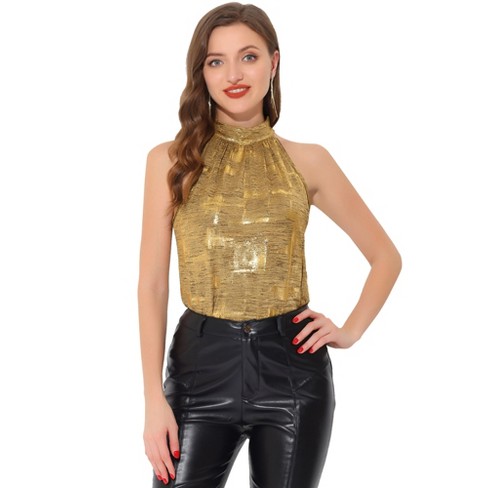 Allegra K Women's Casual Party Sparkle Sleeveless Halter Tops Gold