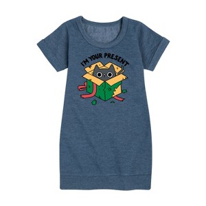 - Instant Message - Cat Christmas Present Graphic Short Sleeve Fleece Dress - 1 of 4