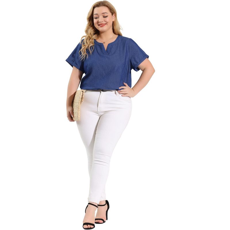 Agnes Orinda Women's Plus Size Work Short Sleeve V Neck Chambray Casual Tops, 3 of 7