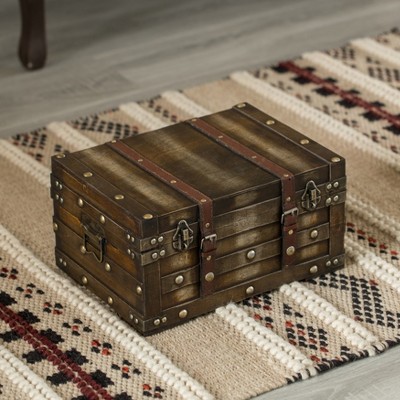Small Brown Wooden Storage Trunk with Faux Leather Straps
