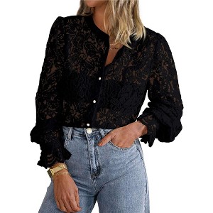 Coolmee Women's Dressy Casual Lace Blouse Long Sleeve Button Up Shirts Tops Spring Fall  Clothes - 1 of 3