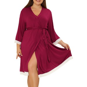 Agnes Orinda Women's Plus Size Solid Wrap Tie Belt Waist Lace Trim 3/4 Sleeve Pajama Robes - 1 of 4