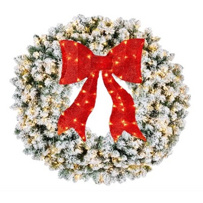 Artificial Christmas Wreath with Bow, Pre-Lit Winter Wreath with LED Light, Indoor Outdoor Holiday Xmas Decorations