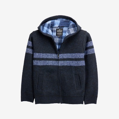X RAY Boy's Hooded Flannel Lined Full Zip Sweater With Stripes