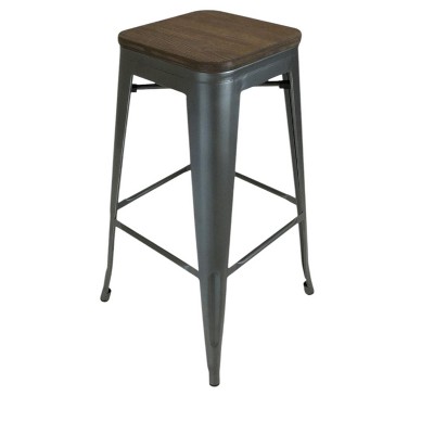 HomeRoots Set of Four 26" Brown and Gunmetal Solid Wood and Metal Backless Counter Height Bar Chairs