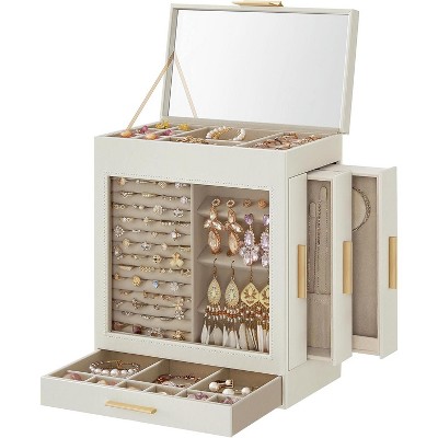 5-Layer Jewelry Box with Glass Window, 3 Drawers and Big Mirror