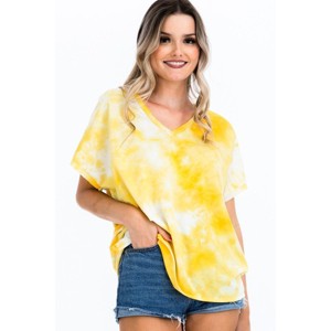 Slickblue Women's Casual Tie-Dye Top, V-Neck Shirt with Short Sleeves, Trendy Style, S, Yellow - 1 of 4