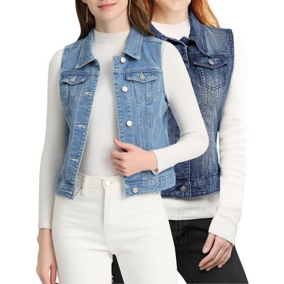INSPIRE CHIC Women's Buttoned Washed Denim Vest with Faux Chest Flap Pockets 2 Packs