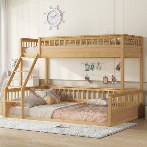 Twin XL/Full XL/Queen Over Queen Bunk Bed with Ladder and Guardrails, Convertible into Two Separate Beds, White/Natural - ModernLuxe - 1 of 4