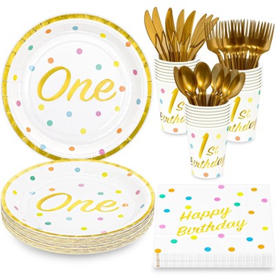 Hachikiko 1st Birthday Party Supplies - Gold Foil First Birthday Decorations, Serves 24