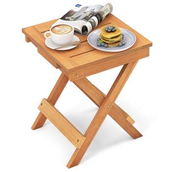 Tangkula Outdoor Folding Side Table Hardwood Patio Bistro Table w/ Slatted Tabletop & X-shaped Legs
