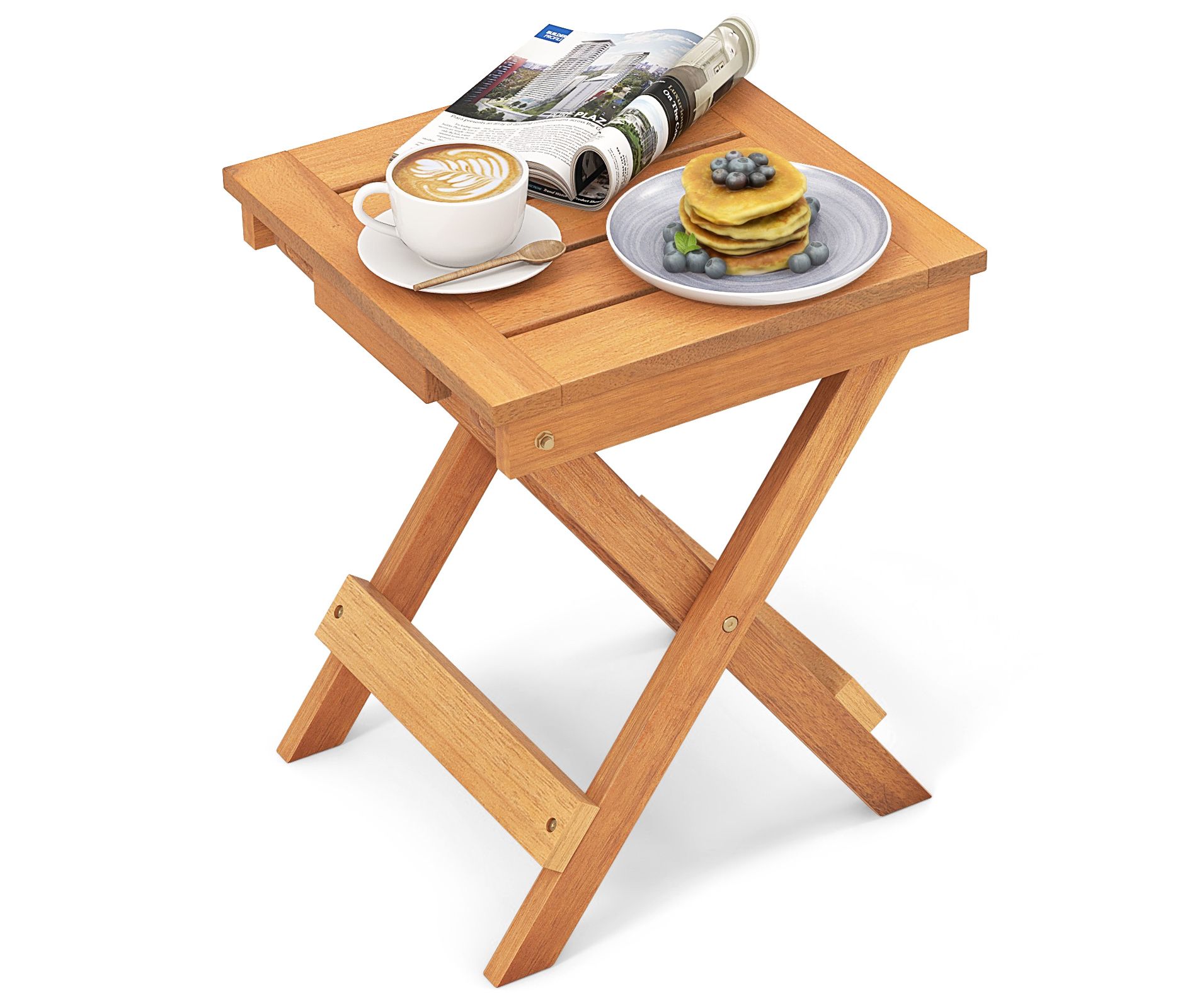 Tangkula Outdoor Folding Side Table Hardwood Patio Bistro Table w/ Slatted Tabletop & X-shaped Legs