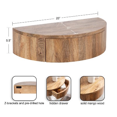 Natural Brown Mango Wood Floating Side Table with Drawer