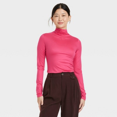 Women's Ruched Mock Turtleneck Long Sleeve T-shirt - A New Day™ Pink Xl :  Target