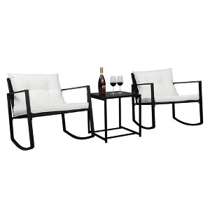 Jojoka 3-Piece Outdoor Rocking Bistro Set - Modern Wicker Patio Furniture with Rocking Chairs & Glass Coffee Table Conversation Sets - 1 of 4