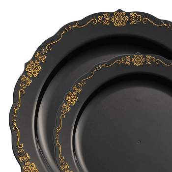Smarty Had A Party Black with Gold Vintage Rim Round Disposable Plastic Dinnerware Value Set (120 Dinner Plates + 120 Salad Plates)