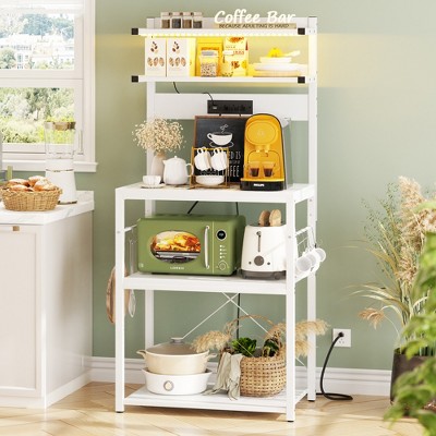 Aheaplus Kitchen Storage Rack with Power Outlet, Coffee Bar Station with LED Lights, Bakers Rack with 6 S-Shaped Hooks