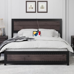 Full Size Bed Frame with Charging Station, Industrial Design Platform Bed Frame with Headboard and Metal Slated Frame - 1 of 4