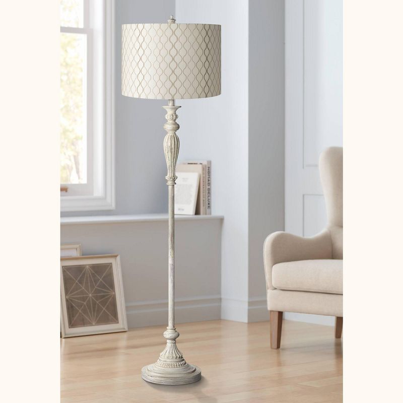 360 Lighting Vintage Country Cottage Floor Lamp 60" Tall Antique White Embroidered Hourglass Print Drum Shade for Living Room Bedroom Office House, 2 of 7