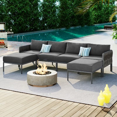 New Arrival 6-Pieces Aluminum Frame Gray Patio Conversation Sets With Removable Olefin Extra Thick Cushions 5.9" Cushion - Maison Boucle