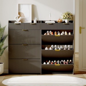 Fluted Shoe Cabinet with 3 Flip Drawers & 2 Small Drawers & Hook, Slim Shoe Storage Organizer, Narrow Hidden Shoe Storage for Entryway - 1 of 4
