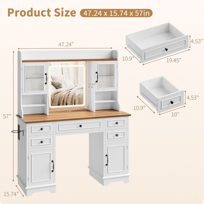 Product size diagram showing dimensions and components of vanity desk set