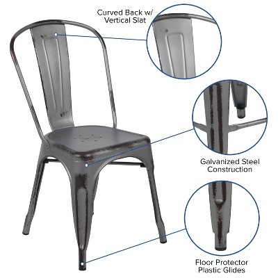 Distressed Silver Gray Metal Indoor-Outdoor Stackable Armless Chair