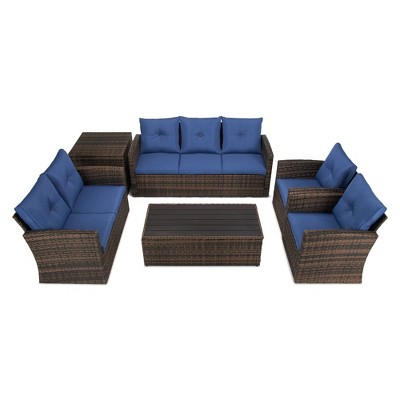 6pc Wicker Outdoor Conversation Set with Cushions - Blue - EDYO LIVING