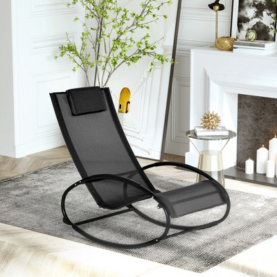 Serenity Black Steel Outdoor Rocking Lounger with Breathable Mesh and Pillow