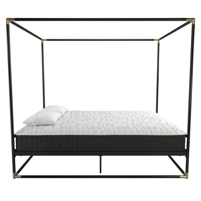 Black Metal Queen Canopy Bed with Gold Accents