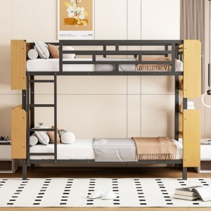 Twin Over Twin Size Metal Bunk Bed  with Ladder and Full-Length Guardrail, Storage Space, No Box Spring Needed,Black - 1 of 4
