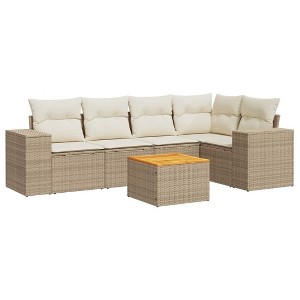 vidaXL 6 Piece Patio Sofa Set with Cushions Beige Poly Rattan - 2x Middle + Table + Corner - 1 of 4
