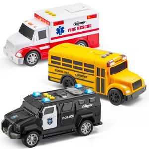 Joyfy 3 Pack Friction Emergency & School Vehicle Toys with Lights and Sounds, Educational Safe Toy for Kids, Birthday Christmas Gift for Boys Girls - 1 of 4