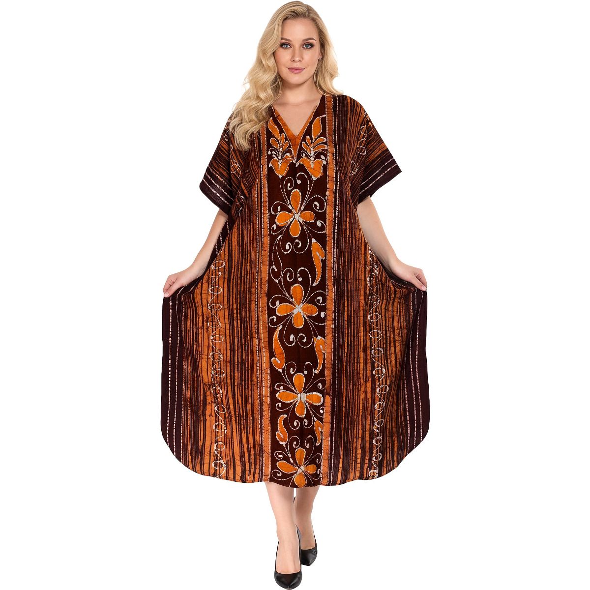 LA LEELA Summer Cotton Elegant Caftan Dress for Women Resortwear Vacation Holiday Cruise Pregnancy Wear Cover Up 2X-3X Brown Floral