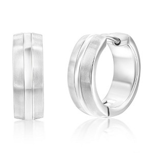 Metallo Stainless Steel 15mm Lined Matte & Polished Huggie Hoop Earrings - Silver - 1 of 2