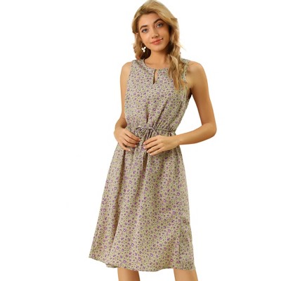 Allegra K Women's Floral Split Neck Drawstring Waist Sleeveless A-Line Summer Midi Dress