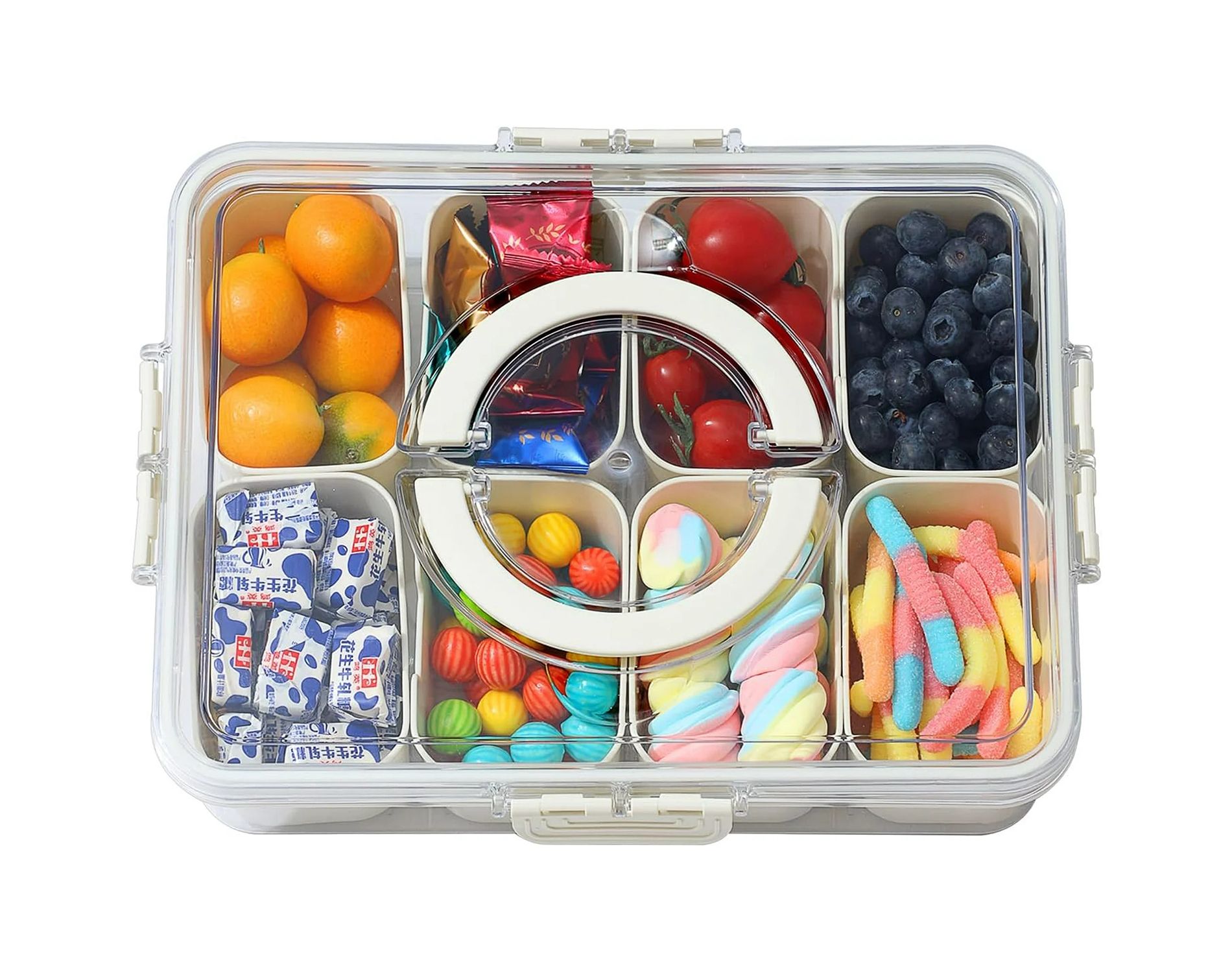 1 Piece Divided Tray with Lid and Handle - Portable Snack Box Deli Container, Clear Snack Platter Organizer, 8 Compartments, White