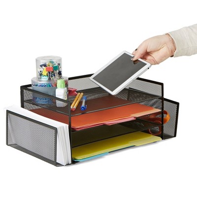 Black Metal Mesh Multifunctional Desktop Organizer with Six Compartments