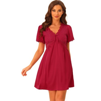 cheibear Women's Short Sleeves V Neck Lace Trim Lounge Pajamas Nightgowns