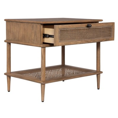 Mindi Wood and Rattan Cane Brown Side Table with Storage