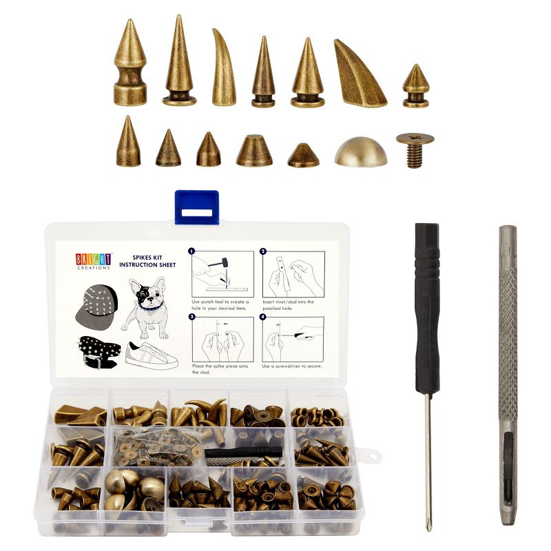 Bright Creations 150 Piece Set Bronze Spikes and Studs for Crafts and Clothing with Tools Grid Storage Box (13 Assorted Shapes), 1 of 9