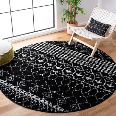 Black and Ivory Round Boho Synthetic Area Rug