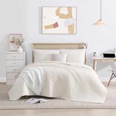 Beige Full Microfiber Bubble Quilt Set with Shams