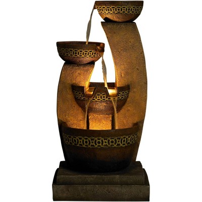 Beige and Brown Faux Stone Four Bowl Cascading Water Fountain with LED Light