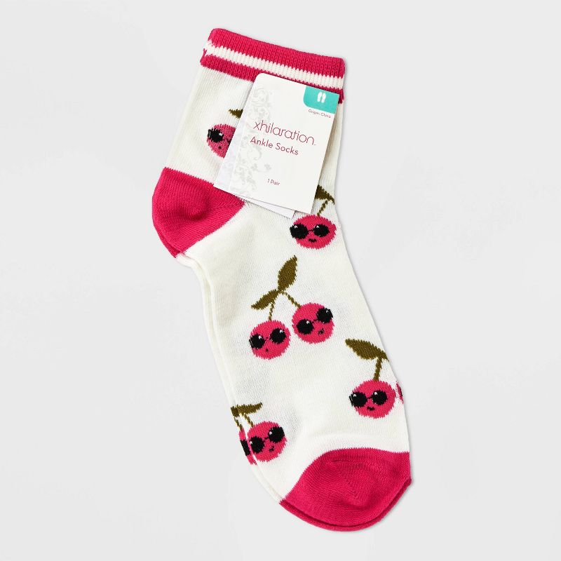Women&#39;s Cool Cherries Ankle Socks - Xhilaration&#8482; Ivory/Pink 4-10, 2 of 4